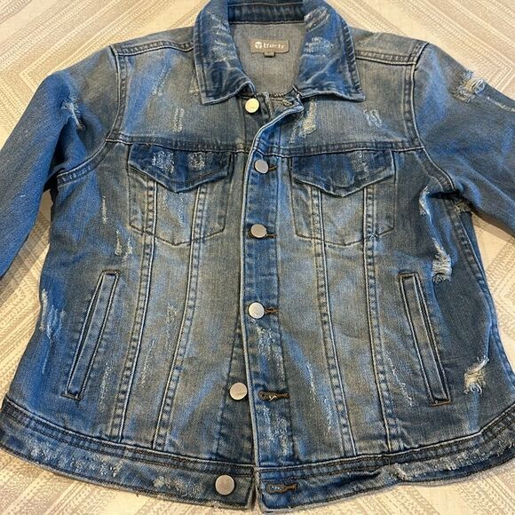 Tractr Girls Sequins Back Patch Denim Distressed Jacket - Size L - Picture 5 of 8